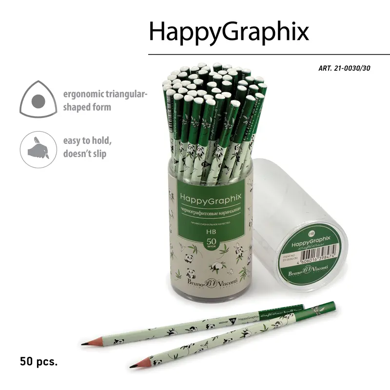 Bruno Visconti HappyGraphix Kids Panda Desen Üçgen Gövde Kurşun Kalem HB 50 Li Paket