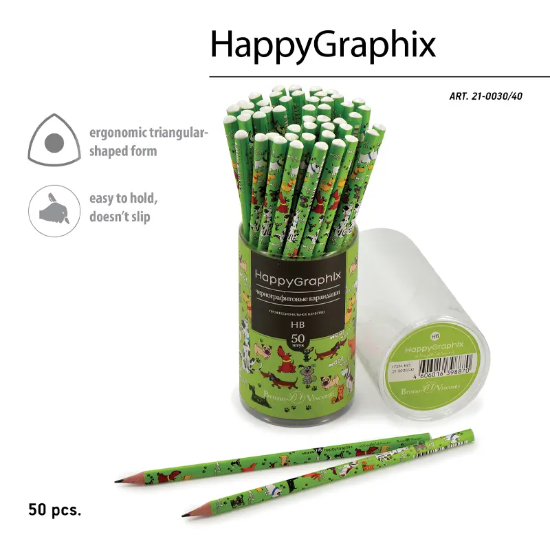 Bruno Visconti HappyGraphix Woof Dogs Desen Üçgen Gövde Kurşun Kalem HB 50 Li Paket