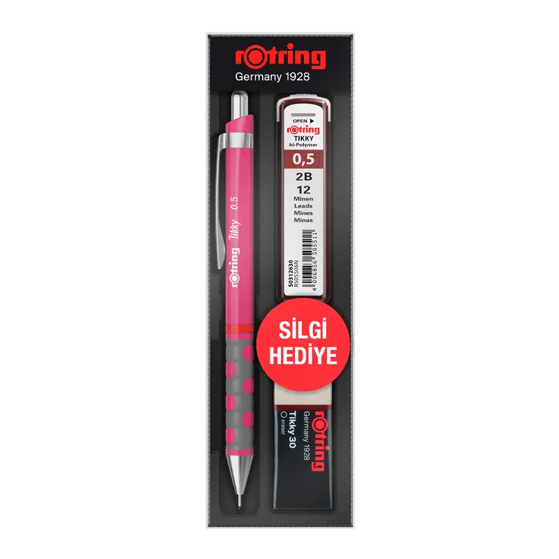 Rotring Tikky Versatil Kalem + Min + Silgi 3 Lü Okul Seti 0.5mm Ahududu Pembe