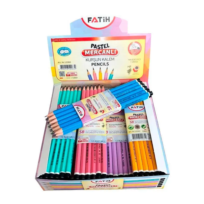 Fatih Köşeli Mercanlı Pastel Renk Kurşun Kalem x 144 Lü Paket