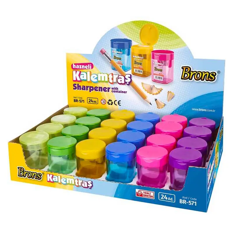 Brons BR-571 Kalemtraş Hazneli Silindir Çift Bıçaklı Kalemtraş x 24 Lü Stand