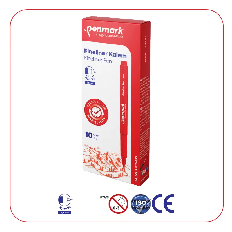 Penmark Japon Uç Fineliner Kalem 0.6mm Kırmızı x 10 Lu Kutu