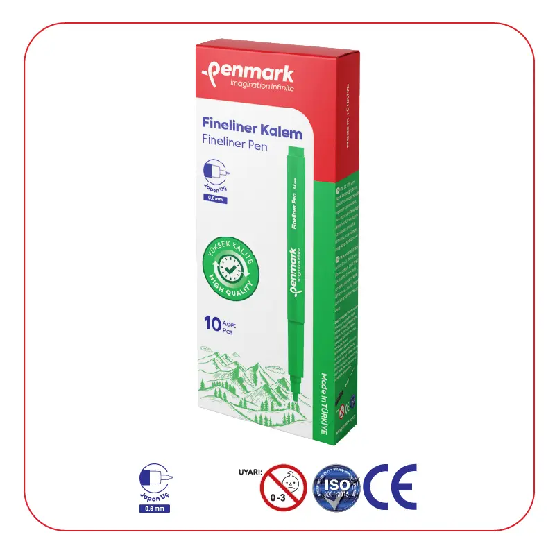 Penmark Japon Uç Fineliner Kalem 0.6mm Yeşil x 10 Lu Kutu
